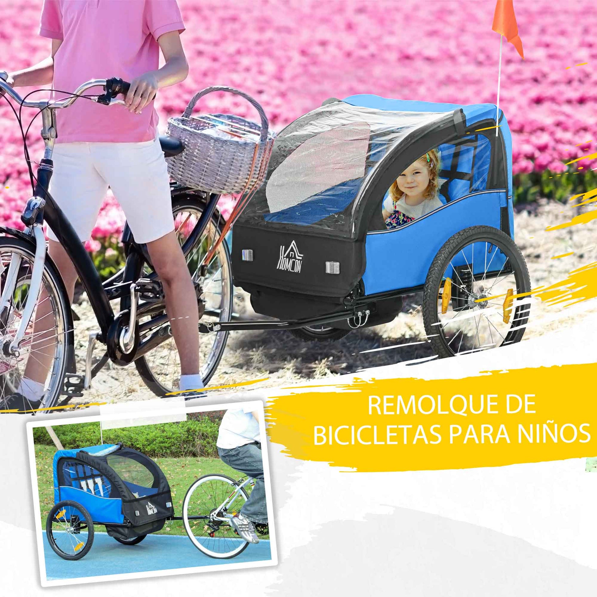 Bike Trailer for Kids +18 Months 2-Seater Stroller with Safety Belt Storage Space and Shock Absorber System 140x88x90 cm Blue