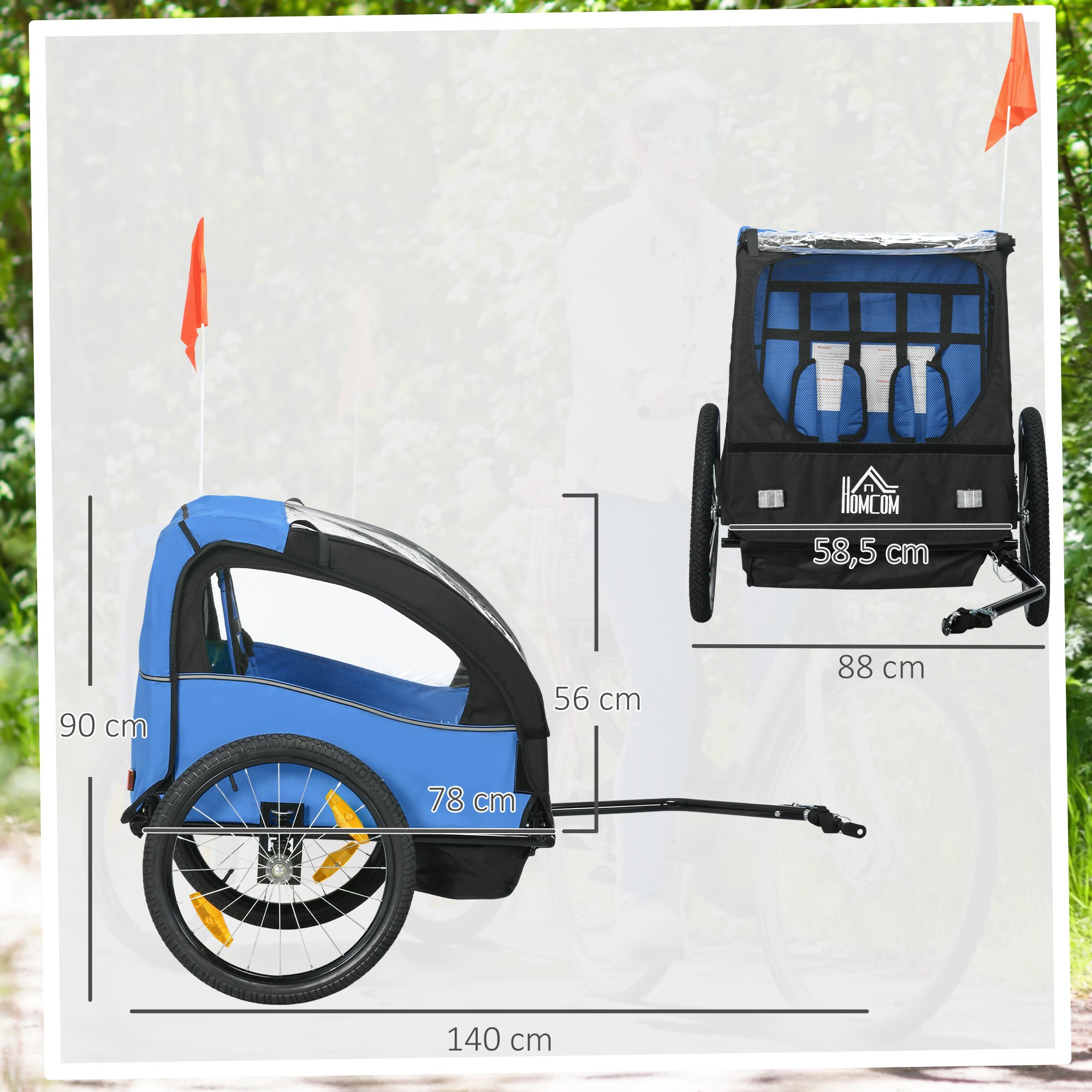 Bike Trailer for Kids +18 Months 2-Seater Stroller with Safety Belt Storage Space and Shock Absorber System 140x88x90 cm Blue