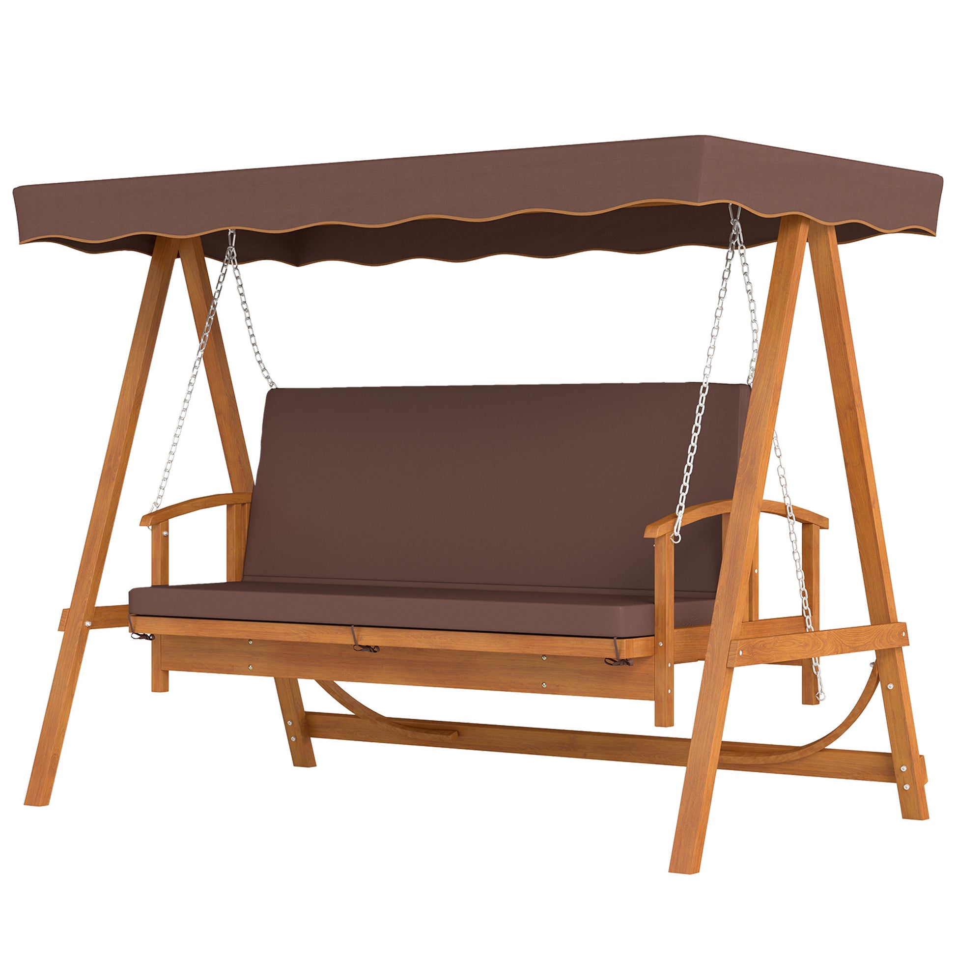 2 in 1 Hollywood Swing with Reclining Function, 3-Seater Wooden Garden Swing, Wood Swing with Sun Canopy Seat Cushion, Swing Bench up to 330kg, for Garden, Terrace, 236x130x181 cm, Brown