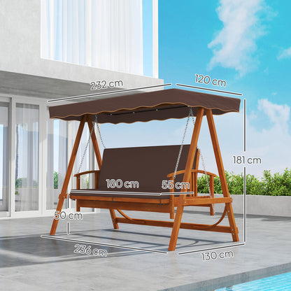 2 in 1 Hollywood Swing with Reclining Function, 3-Seater Wooden Garden Swing, Wood Swing with Sun Canopy Seat Cushion, Swing Bench up to 330kg, for Garden, Terrace, 236x130x181 cm, Brown