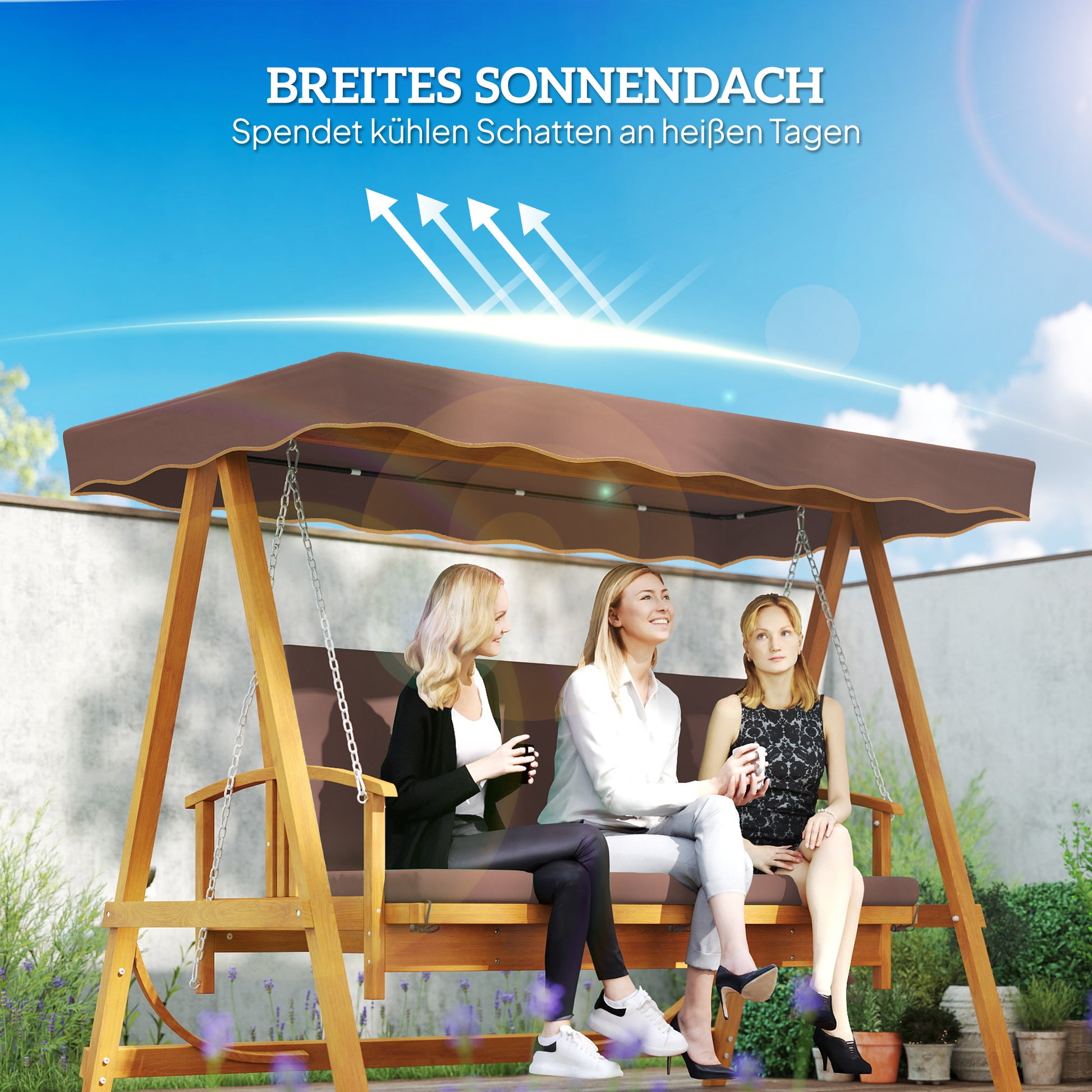 2 in 1 Hollywood Swing with Reclining Function, 3-Seater Wooden Garden Swing, Wood Swing with Sun Canopy Seat Cushion, Swing Bench up to 330kg, for Garden, Terrace, 236x130x181 cm, Brown