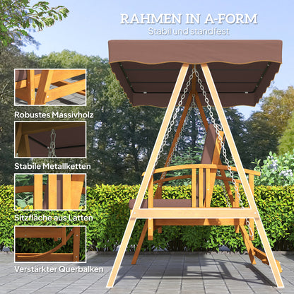 2 in 1 Hollywood Swing with Reclining Function, 3-Seater Wooden Garden Swing, Wood Swing with Sun Canopy Seat Cushion, Swing Bench up to 330kg, for Garden, Terrace, 236x130x181 cm, Brown