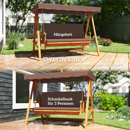 2 in 1 Hollywood Swing with Reclining Function, 3-Seater Wooden Garden Swing, Wood Swing with Sun Canopy Seat Cushion, Swing Bench up to 330kg, for Garden, Terrace, 236x130x181 cm, Brown