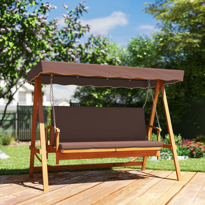 2 in 1 Hollywood Swing with Reclining Function, 3-Seater Wooden Garden Swing, Wood Swing with Sun Canopy Seat Cushion, Swing Bench up to 330kg, for Garden, Terrace, 236x130x181 cm, Brown