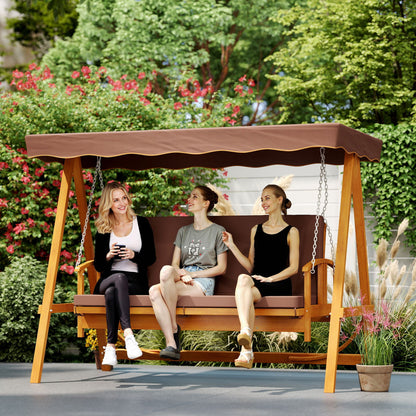 2 in 1 Hollywood Swing with Reclining Function, 3-Seater Wooden Garden Swing, Wood Swing with Sun Canopy Seat Cushion, Swing Bench up to 330kg, for Garden, Terrace, 236x130x181 cm, Brown