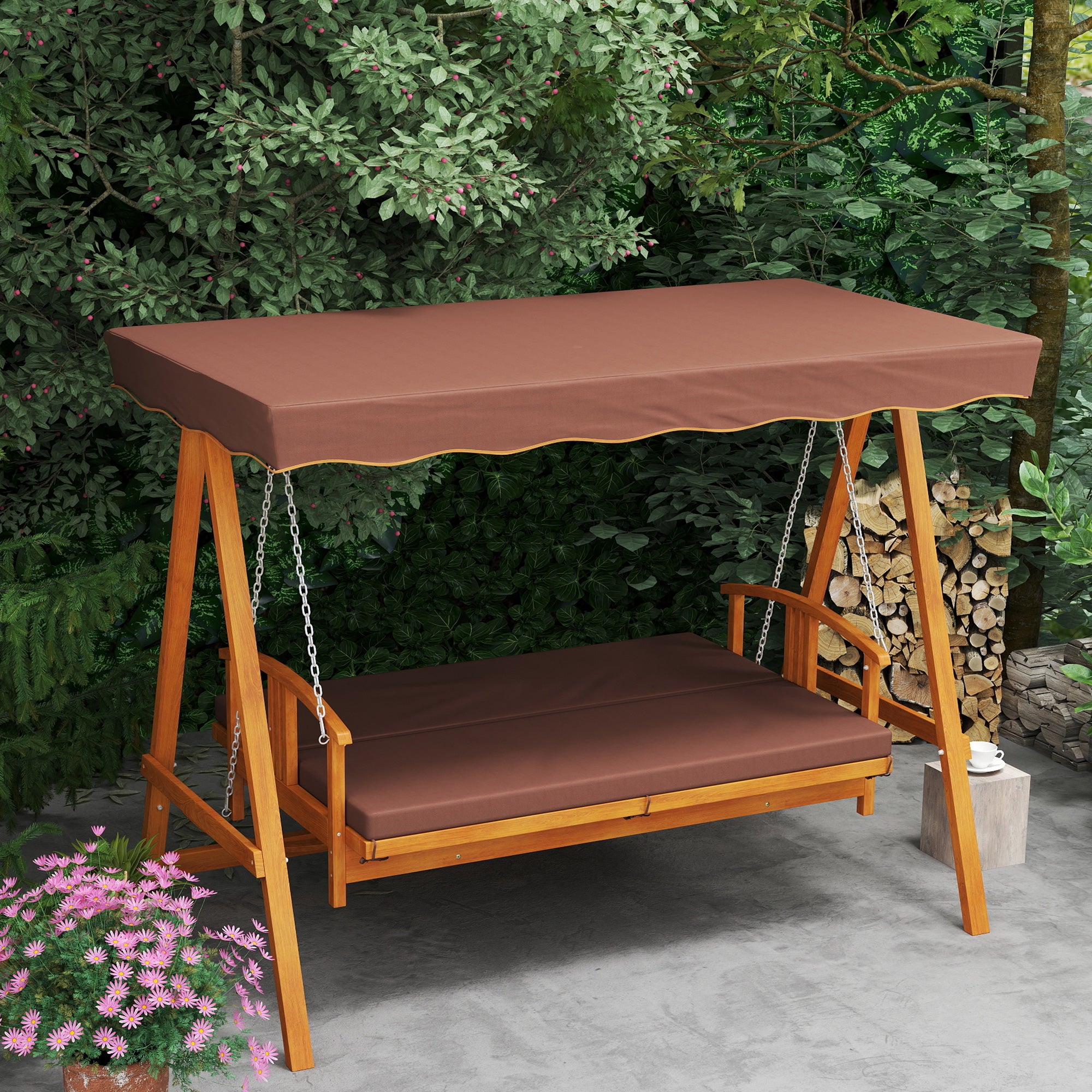 2 in 1 Hollywood Swing with Reclining Function, 3-Seater Wooden Garden Swing, Wood Swing with Sun Canopy Seat Cushion, Swing Bench up to 330kg, for Garden, Terrace, 236x130x181 cm, Brown
