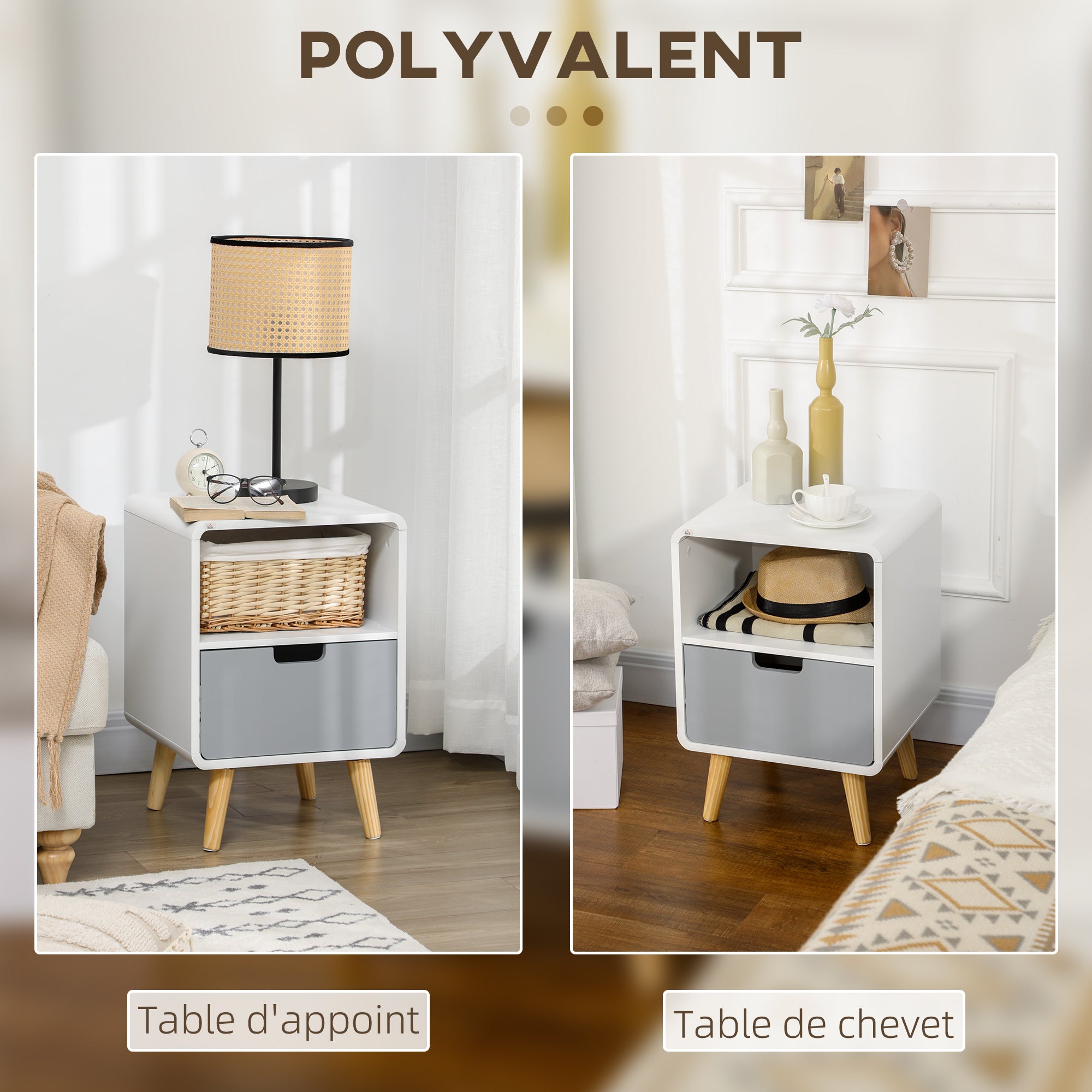 Scandinavian Bedside Table 40L x 38W x 58H cm Drawer + Niche in White Blue Gray Wood