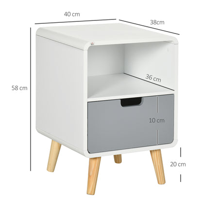 Scandinavian Bedside Table 40L x 38W x 58H cm Drawer + Niche in White Blue Gray Wood