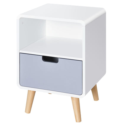 Scandinavian Bedside Table 40L x 38W x 58H cm Drawer + Niche in White Blue Gray Wood