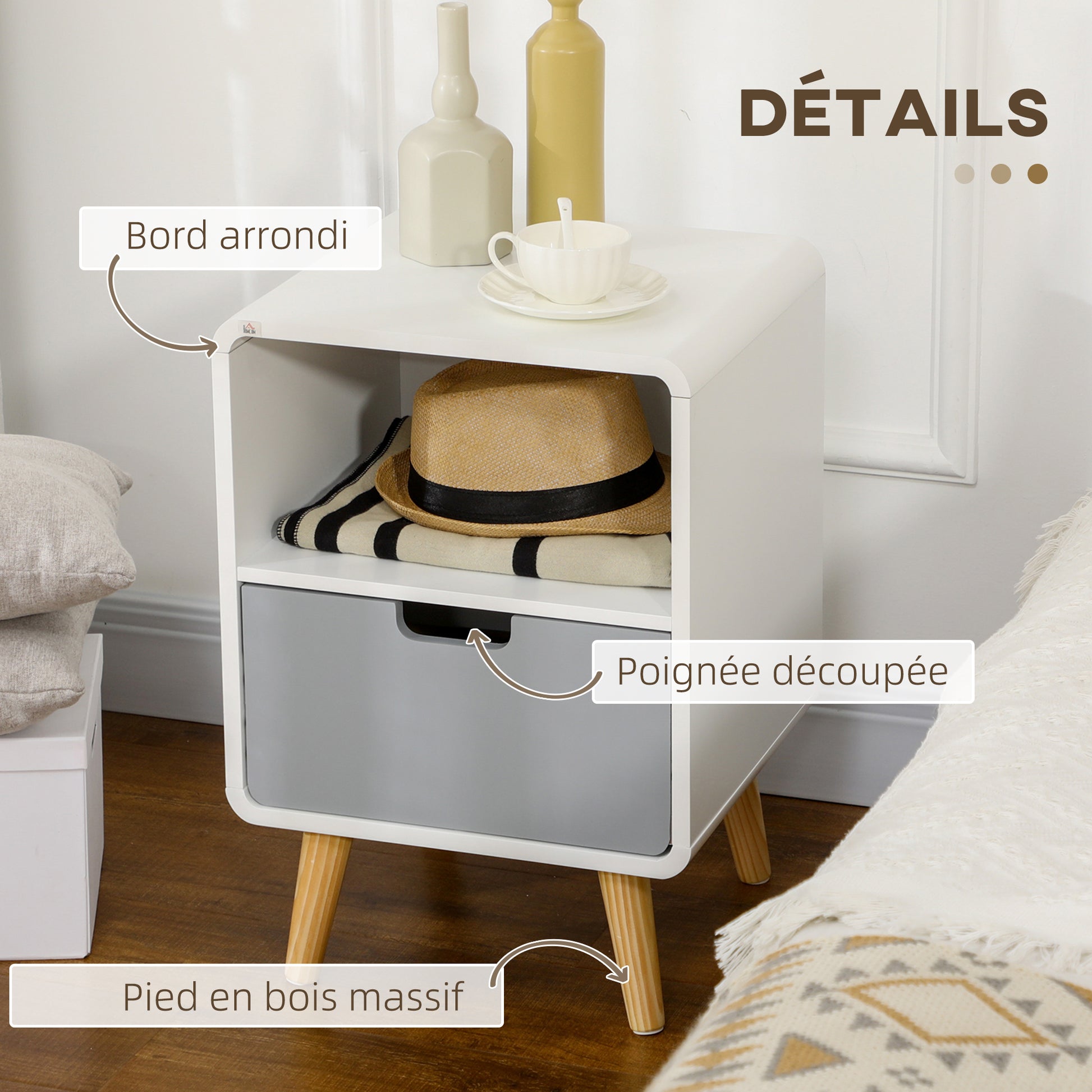 Scandinavian Bedside Table 40L x 38W x 58H cm Drawer + Niche in White Blue Gray Wood
