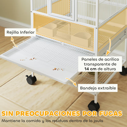 Bird Cage Large 2-Level with Wheels Acrylic Panels Feeders Perches Shelf Removable Trays Birdhouse for Parrots Canaries 48x46x134.5 cm White