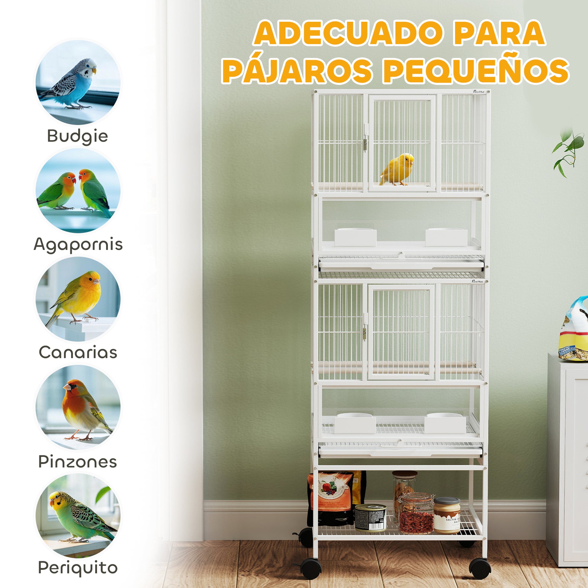 Bird Cage Large 2-Level with Wheels Acrylic Panels Feeders Perches Shelf Removable Trays Birdhouse for Parrots Canaries 48x46x134.5 cm White