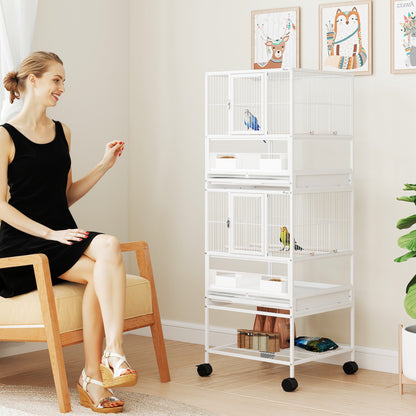 Bird Cage Large 2-Level with Wheels Acrylic Panels Feeders Perches Shelf Removable Trays Birdhouse for Parrots Canaries 48x46x134.5 cm White
