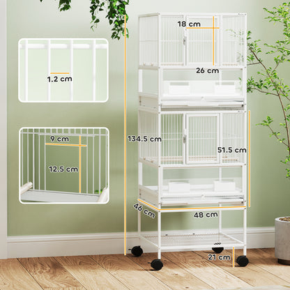 Bird Cage Large 2-Level with Wheels Acrylic Panels Feeders Perches Shelf Removable Trays Birdhouse for Parrots Canaries 48x46x134.5 cm White