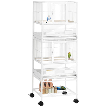 Bird Cage Large 2-Level with Wheels Acrylic Panels Feeders Perches Shelf Removable Trays Birdhouse for Parrots Canaries 48x46x134.5 cm White