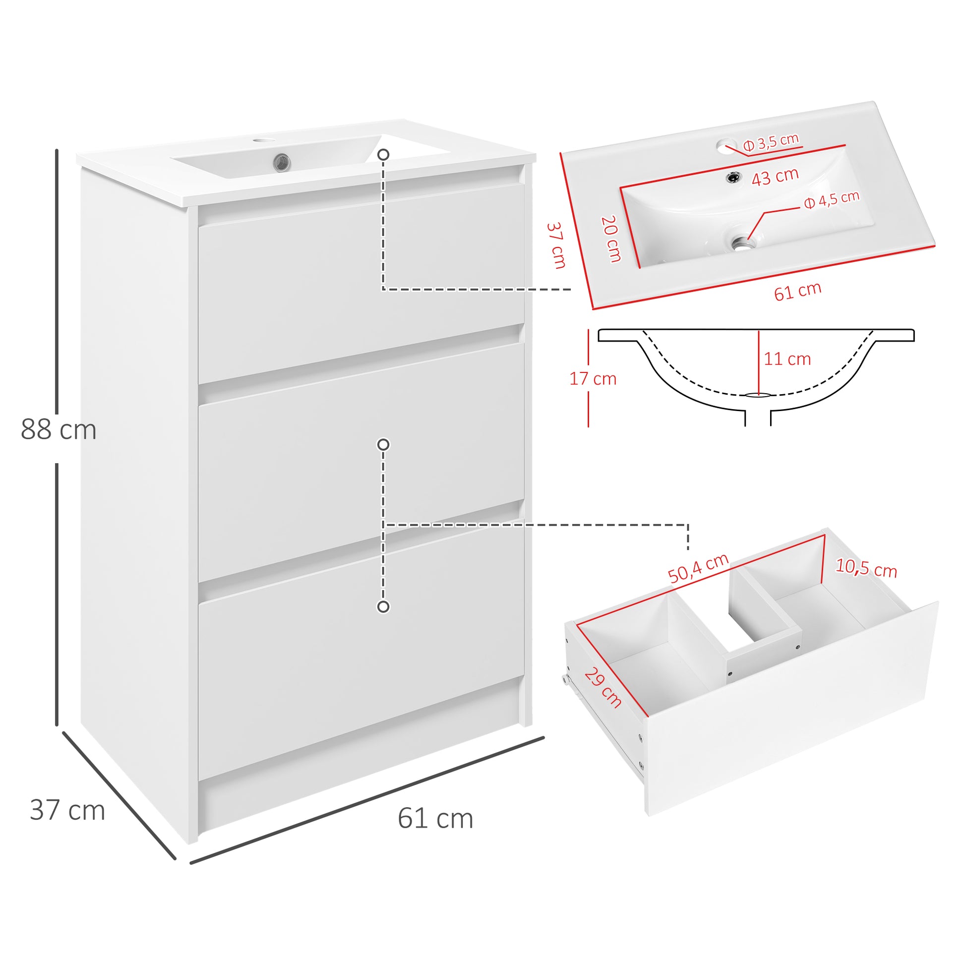 Bathroom Vanity Unit with Sink Under Sink Cabinet Synthetic Ceramic Hand Washbasin with 2 Drawers 61x37x88 cm Bright White