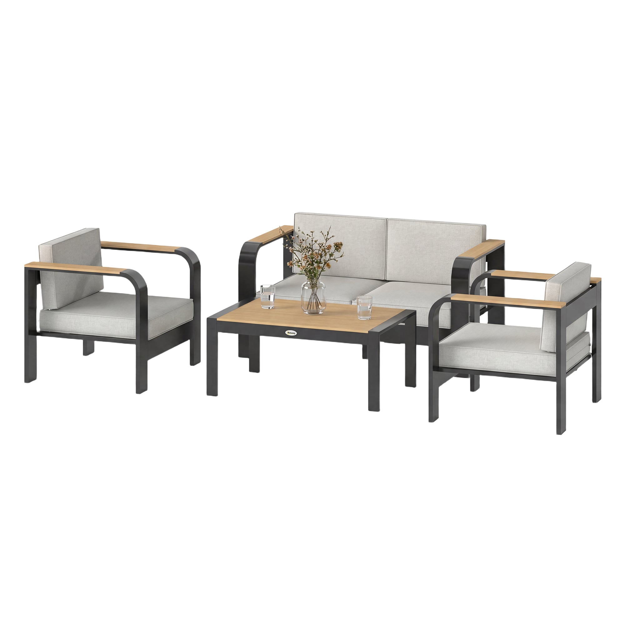 4-Piece Aluminum Garden Lounge Set for 4 — Water-Resistant, Extra-Deep Seating with 2-Seat Sofa, 2 Chairs & Coffee Table, Beige