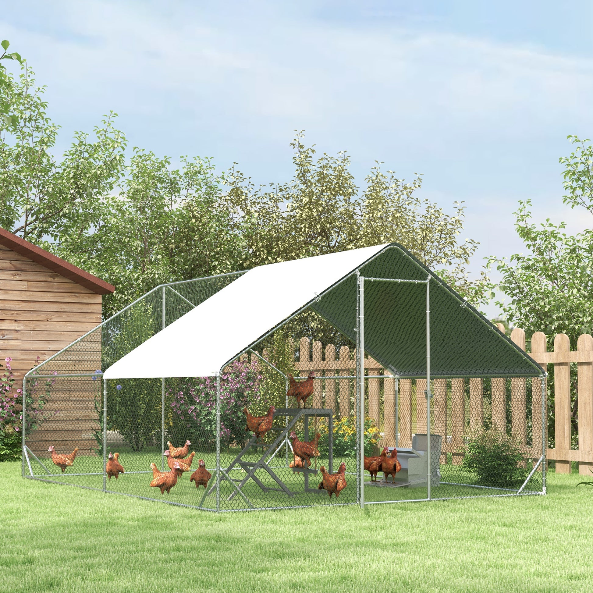 Chicken Coop Outdoor Run Enclosure, Steel, 300 x 400 x 200 cm Chicken Cage with Cover, Door, Chicken Run for 8-12 Chickens, Small Animals, Silver