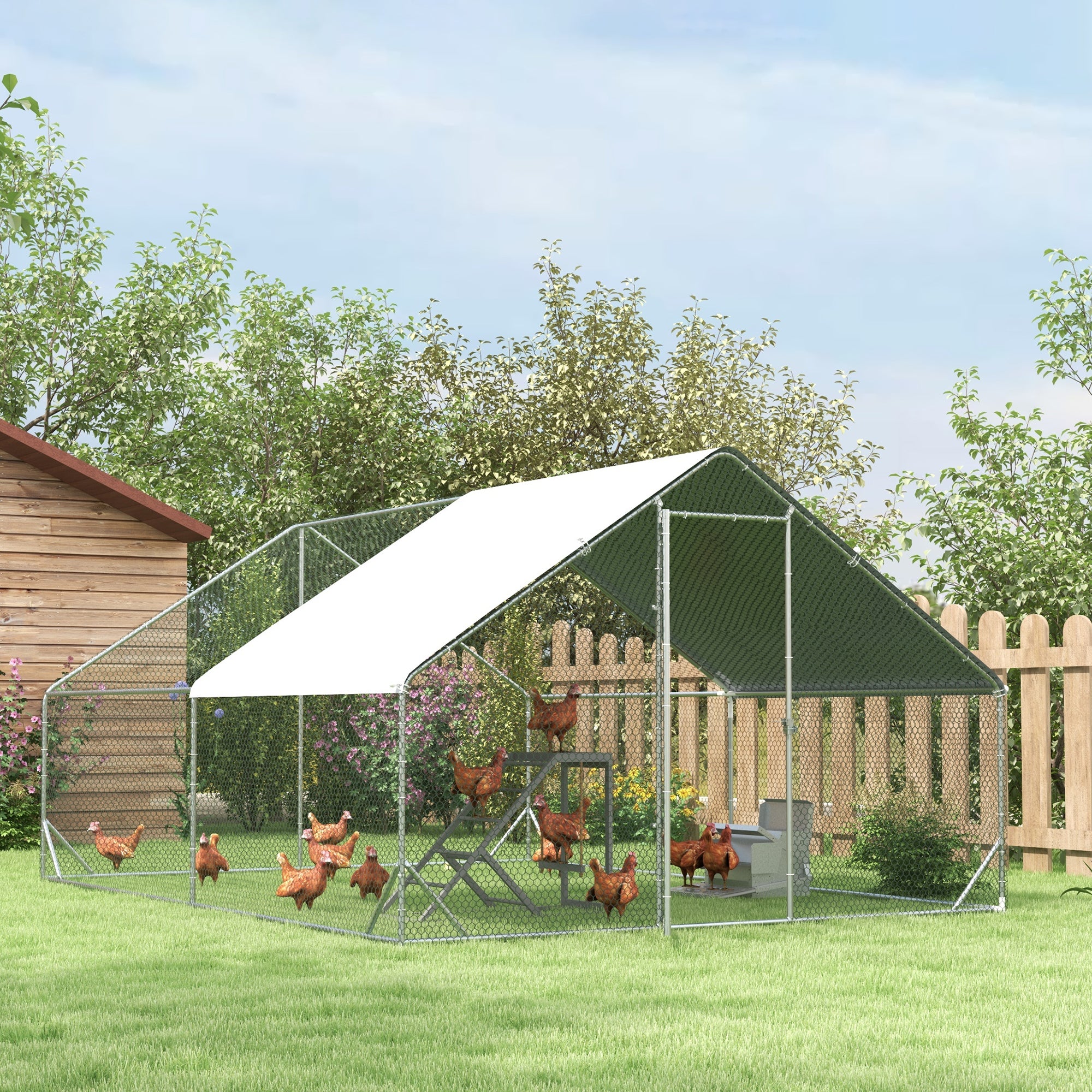 Chicken Coop Outdoor Run Enclosure, Steel, 300 x 400 x 200 cm Chicken Cage with Cover, Door, Chicken Run for 8-12 Chickens, Small Animals, Silver