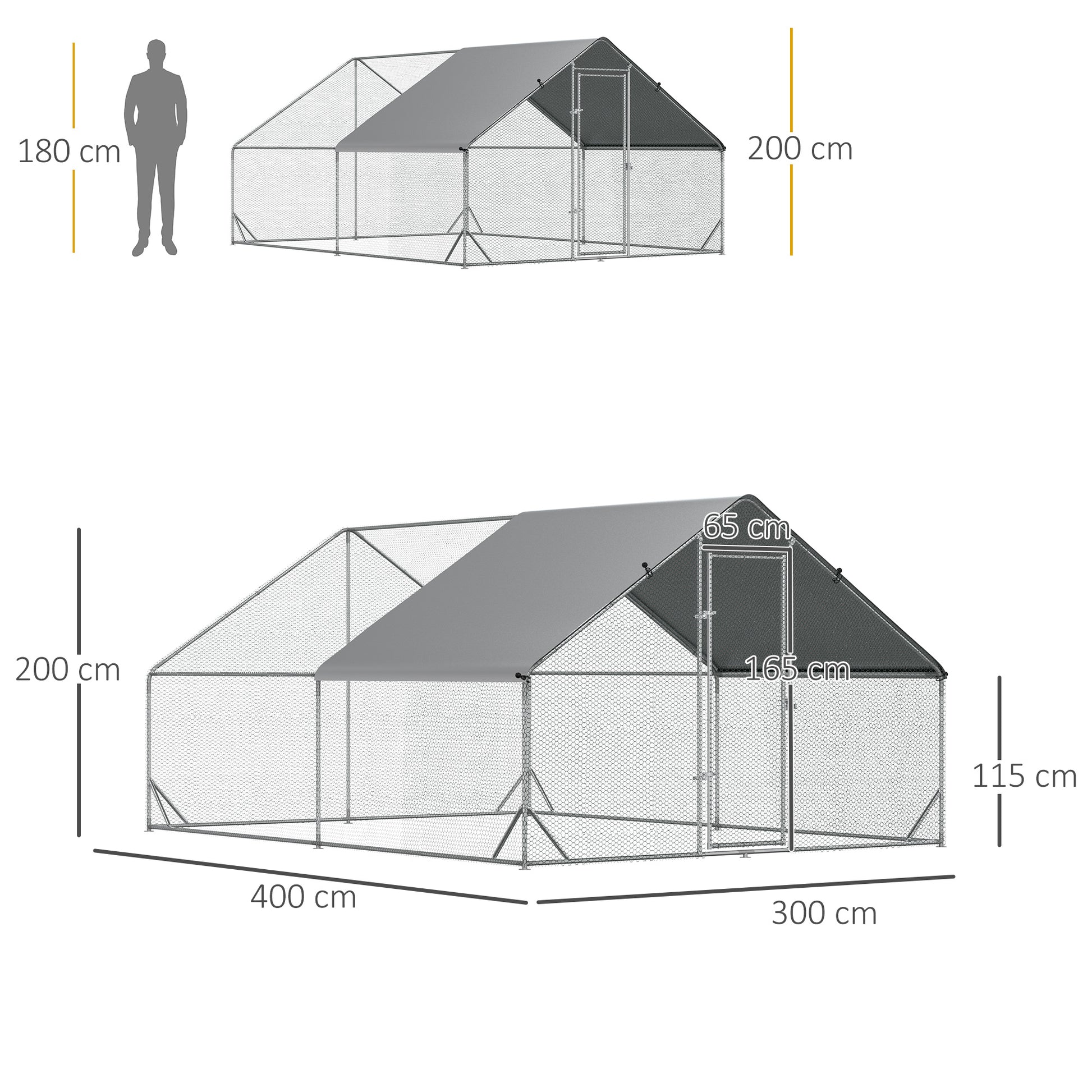 Chicken Coop Outdoor Run Enclosure, Steel, 300 x 400 x 200 cm Chicken Cage with Cover, Door, Chicken Run for 8-12 Chickens, Small Animals, Silver
