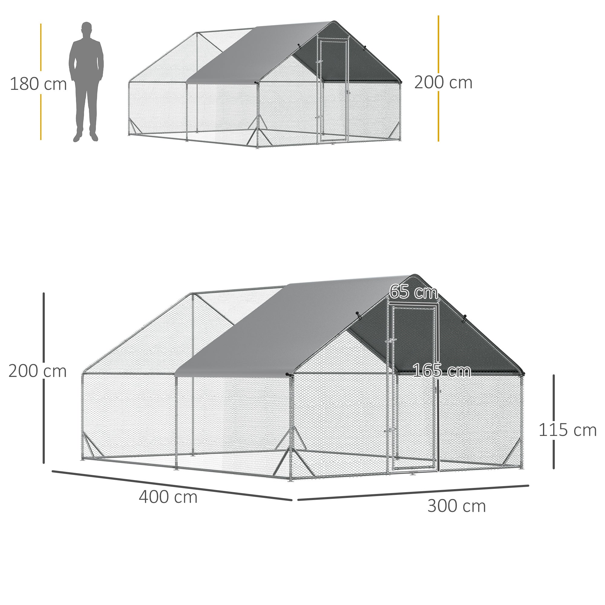 Chicken Coop Outdoor Run Enclosure, Steel, 300 x 400 x 200 cm Chicken Cage with Cover, Door, Chicken Run for 8-12 Chickens, Small Animals, Silver