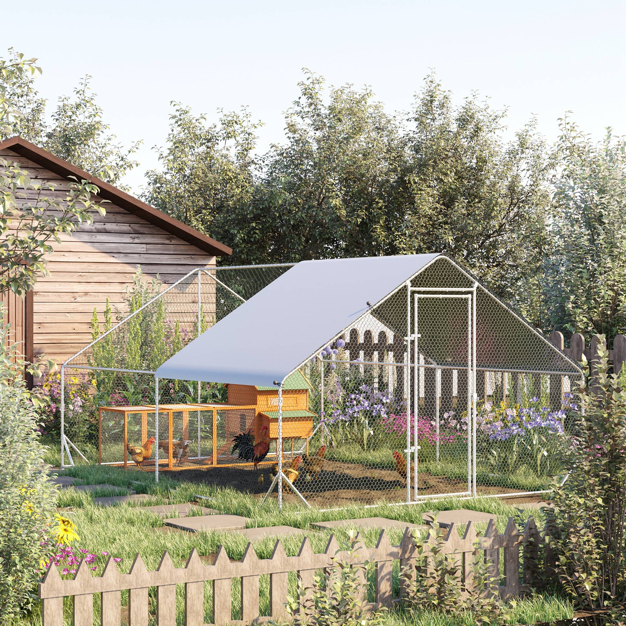 Chicken Coop Outdoor Run Enclosure, Steel, 300 x 400 x 200 cm Chicken Cage with Cover, Door, Chicken Run for 8-12 Chickens, Small Animals, Silver