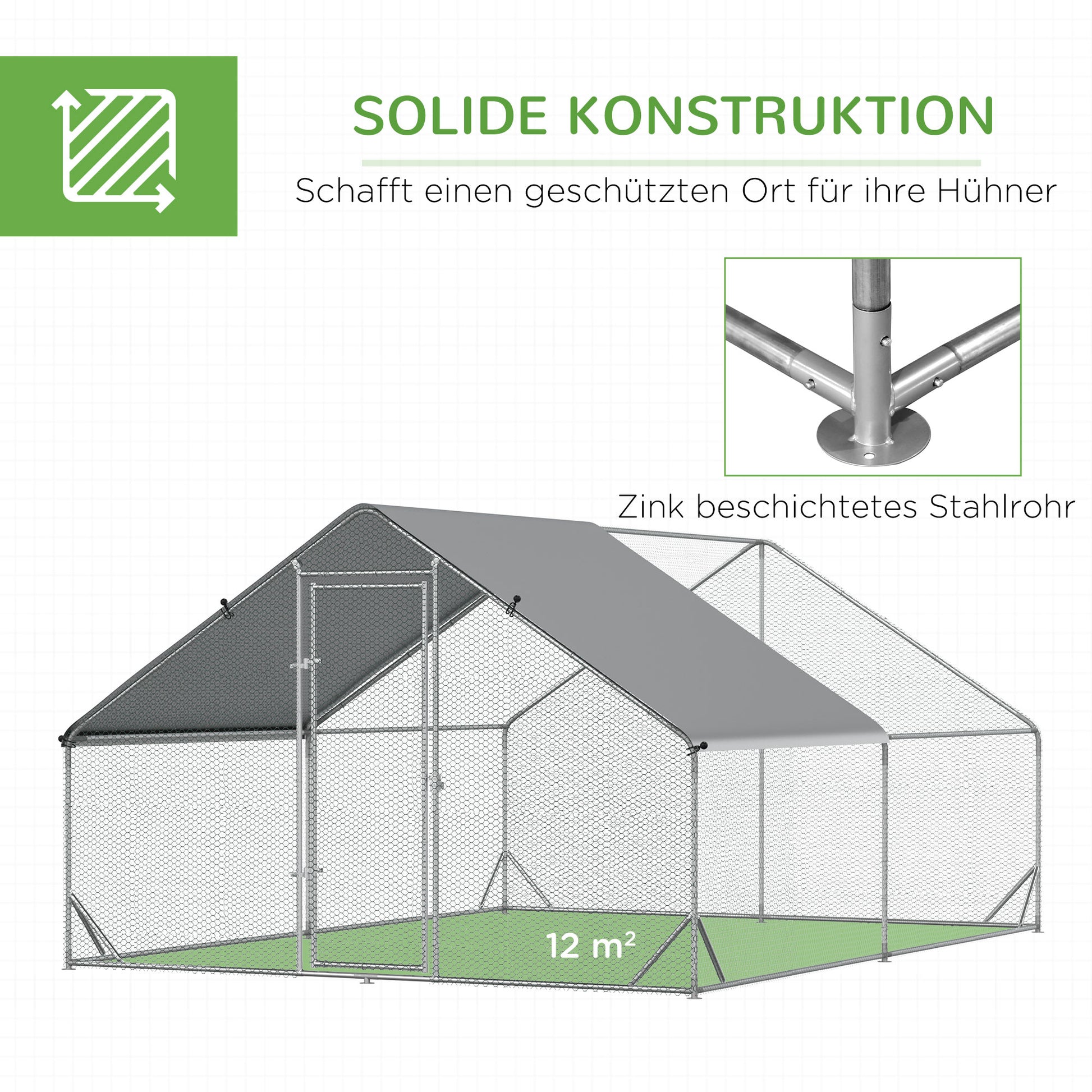 Chicken Coop Outdoor Run Enclosure, Steel, 300 x 400 x 200 cm Chicken Cage with Cover, Door, Chicken Run for 8-12 Chickens, Small Animals, Silver