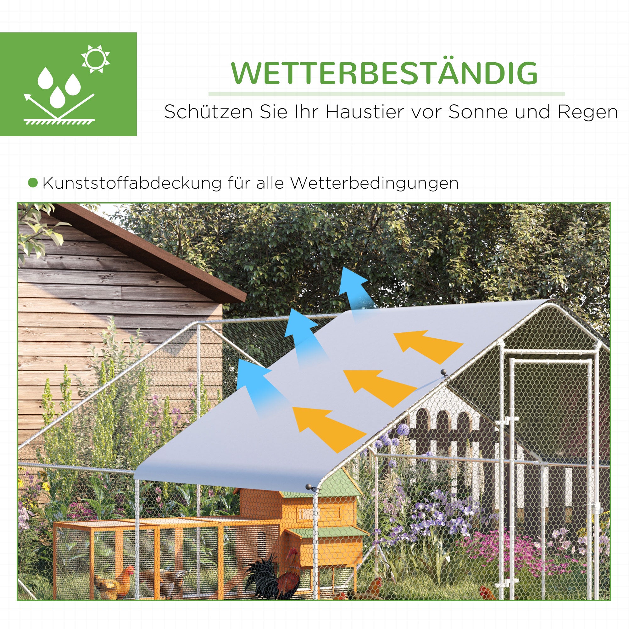 Chicken Coop Outdoor Run Enclosure, Steel, 300 x 400 x 200 cm Chicken Cage with Cover, Door, Chicken Run for 8-12 Chickens, Small Animals, Silver