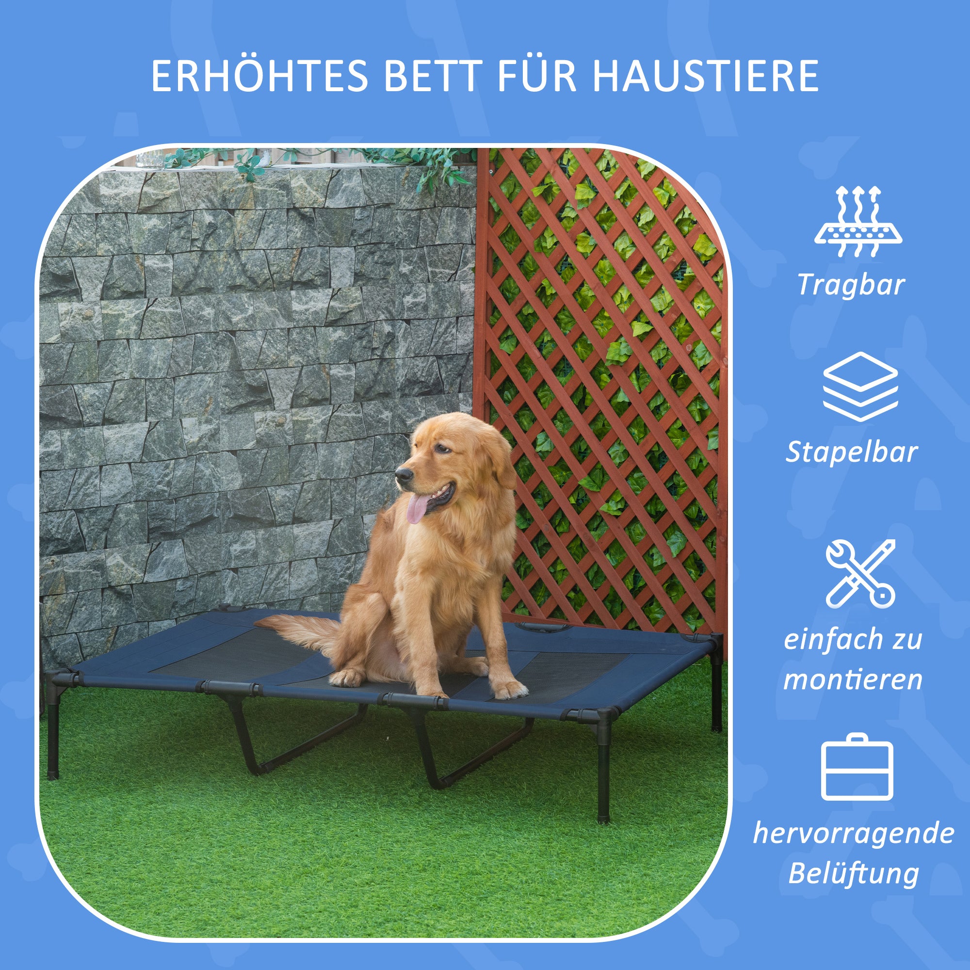 Dog Bed Outdoor Dog Cot Cat Bed Pet Bed Sleeping Place Metal Oxford Fabric Dark Blue 122 x 92 x 23 cm