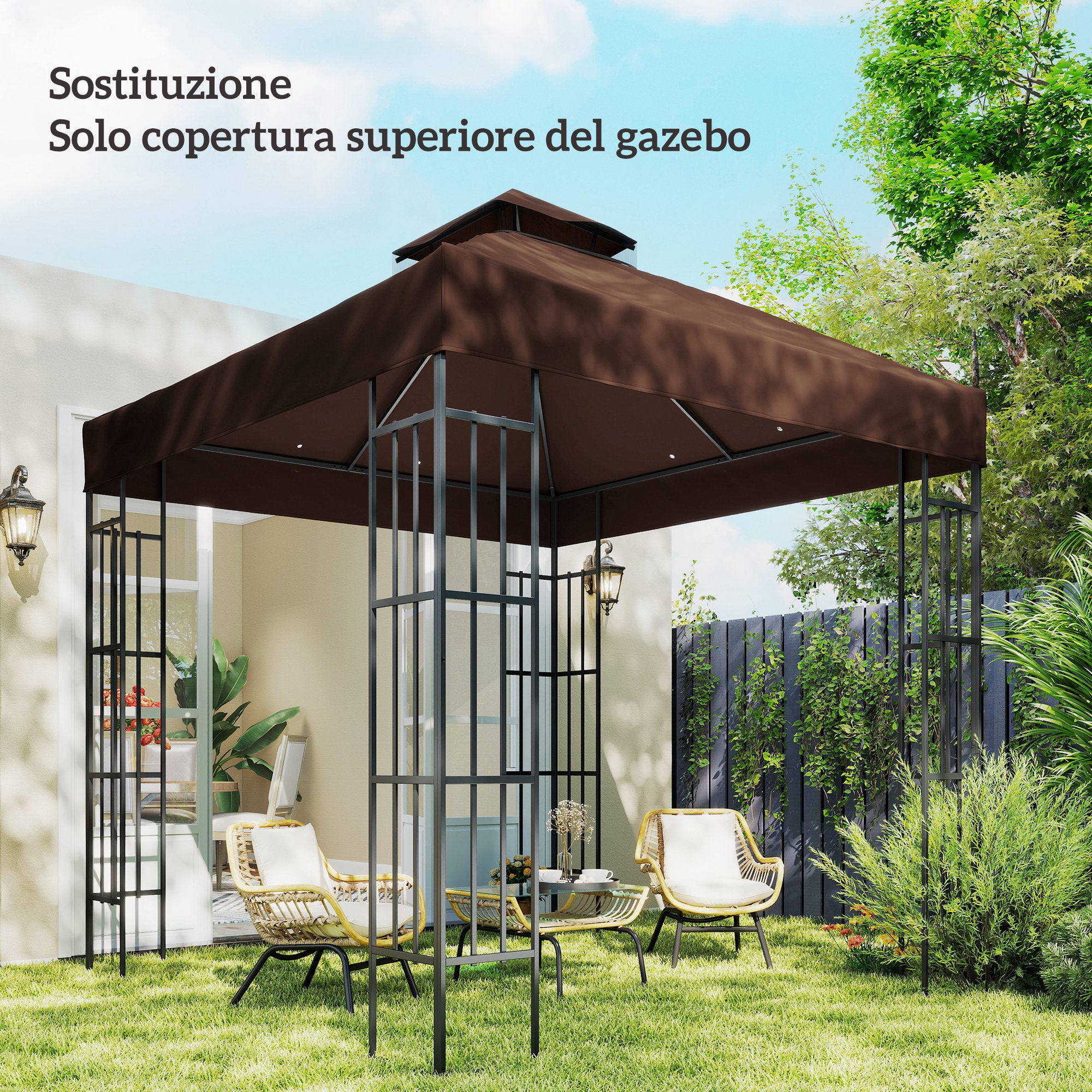 10 x 10 ft 2-Tier Replacement Gazebo Canopy – Oxford Fabric 370 g/m² (≈11 oz/yd²), UPF30+, Drainage Vents, Coffee