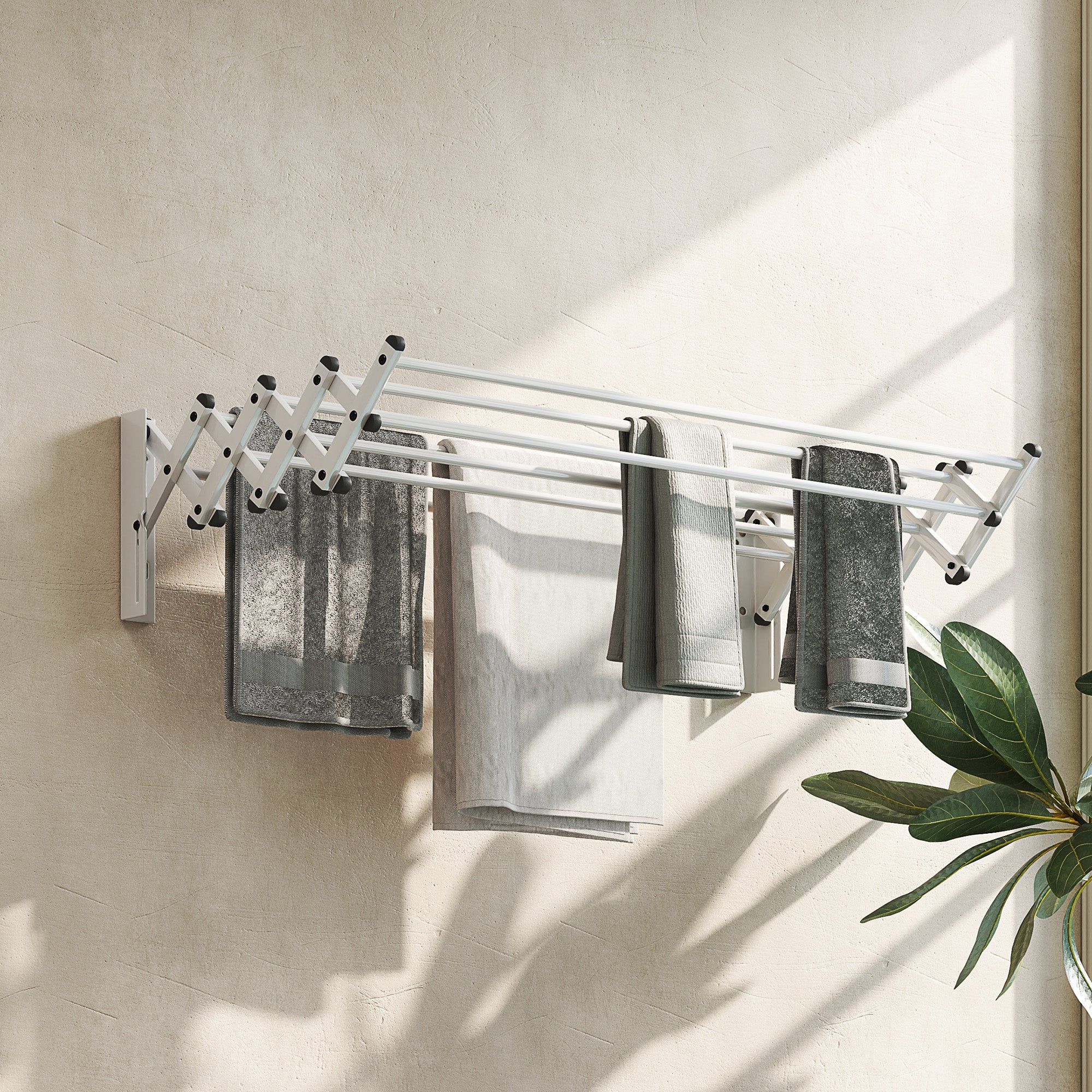 Laundry Stand Wall Extendable Clothes Dryer Wall Mount with 8 Aluminum Rods, Space-Saving Drying Rack for Indoor and Outdoor 86 x 61 x 22 cm, Silver