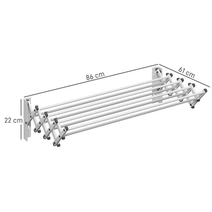 Laundry Stand Wall Extendable Clothes Dryer Wall Mount with 8 Aluminum Rods, Space-Saving Drying Rack for Indoor and Outdoor 86 x 61 x 22 cm, Silver