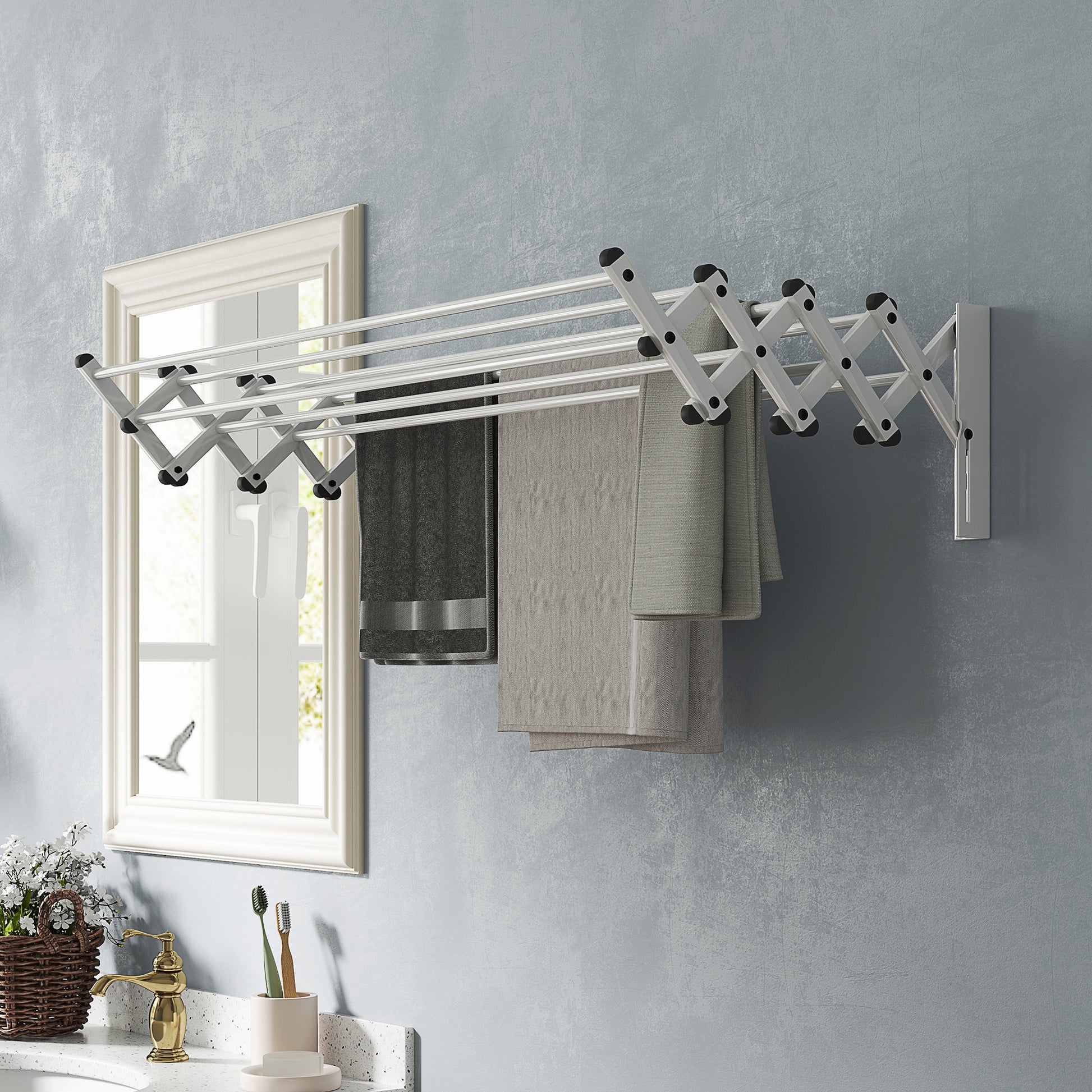 Laundry Stand Wall Extendable Clothes Dryer Wall Mount with 8 Aluminum Rods, Space-Saving Drying Rack for Indoor and Outdoor 86 x 61 x 22 cm, Silver
