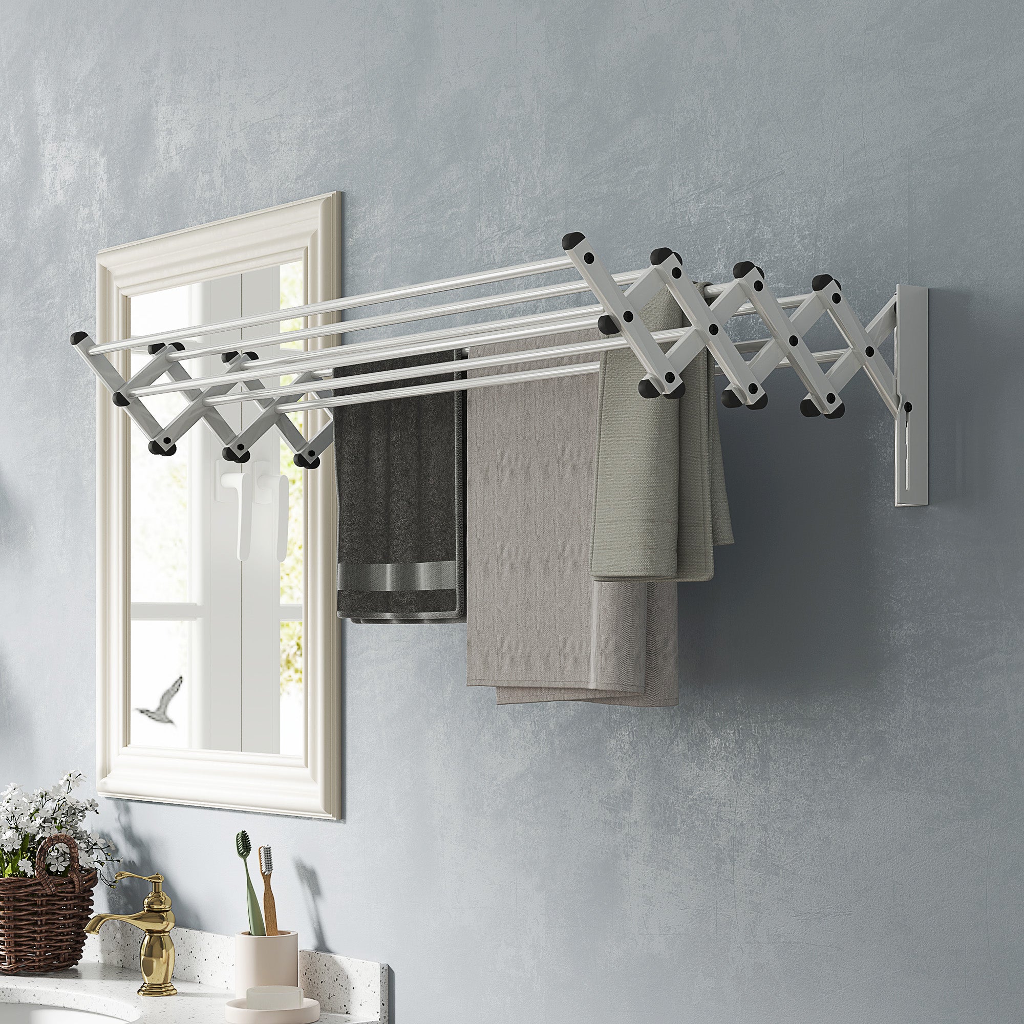 Laundry Stand Wall Extendable Clothes Dryer Wall Mount with 8 Aluminum Rods, Space-Saving Drying Rack for Indoor and Outdoor 86 x 61 x 22 cm, Silver