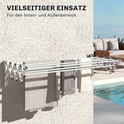 Laundry Stand Wall Extendable Clothes Dryer Wall Mount with 8 Aluminum Rods, Space-Saving Drying Rack for Indoor and Outdoor 86 x 61 x 22 cm, Silver