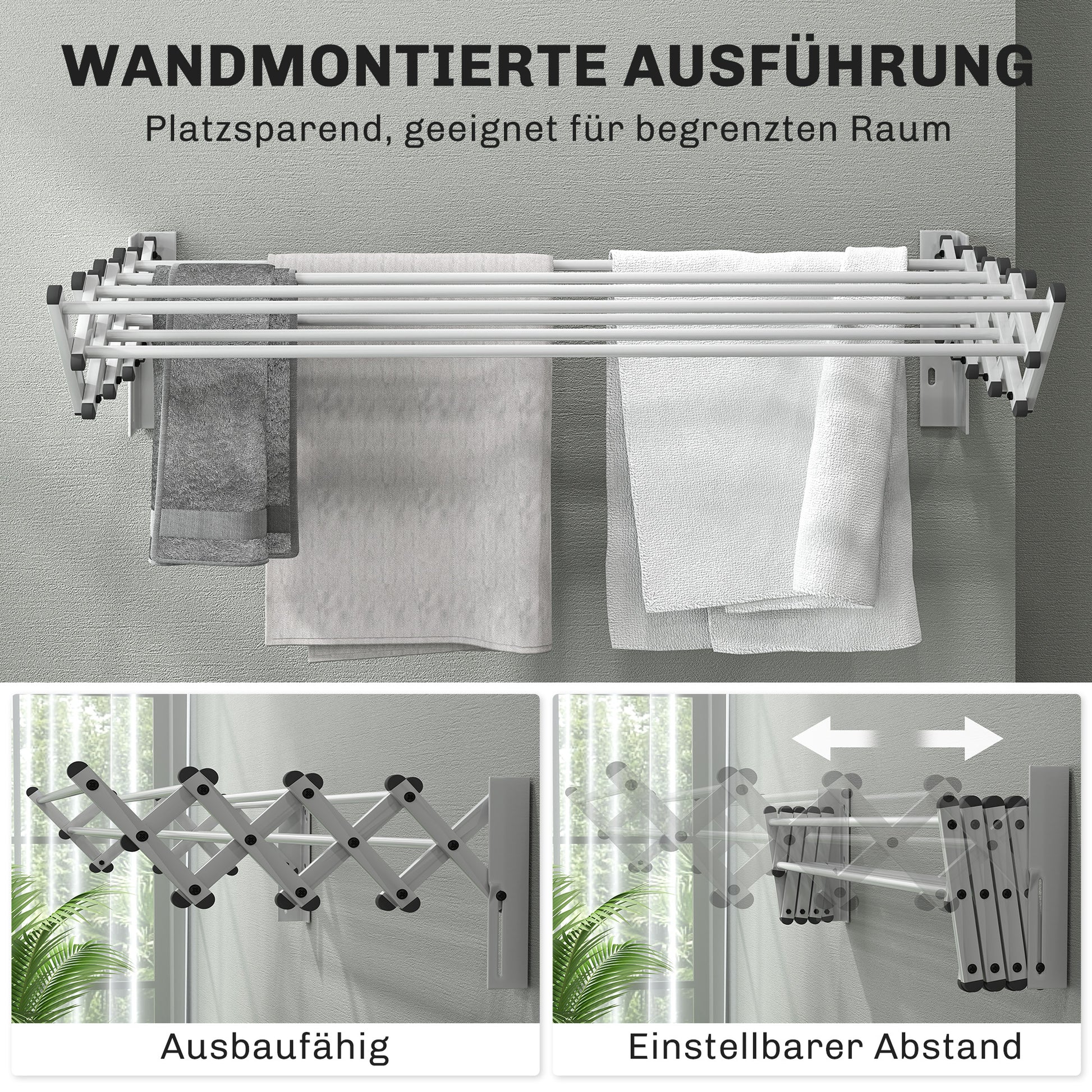 Laundry Stand Wall Extendable Clothes Dryer Wall Mount with 8 Aluminum Rods, Space-Saving Drying Rack for Indoor and Outdoor 86 x 61 x 22 cm, Silver