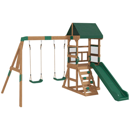 Spielturm Klettergerüst Schaukelgestell mit 194,5cm Rutsche, 2 Schaukeln, Kletterwand, überdachtem Oberdeck Outdoor Kinder Kletterturm aus Holz Spielhaus für 3-8 Jahre Kinder 315x284x233 cm