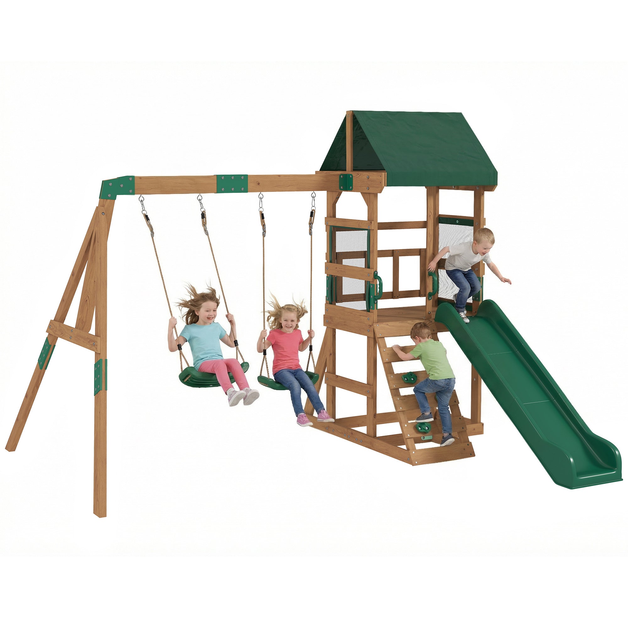 Spielturm Klettergerüst Schaukelgestell mit 194,5cm Rutsche, 2 Schaukeln, Kletterwand, überdachtem Oberdeck Outdoor Kinder Kletterturm aus Holz Spielhaus für 3-8 Jahre Kinder 315x284x233 cm
