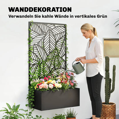 Metal Raised Planter with Trellis — Freestanding or Wall-Mount, Privacy Panel with Leaf Cutouts