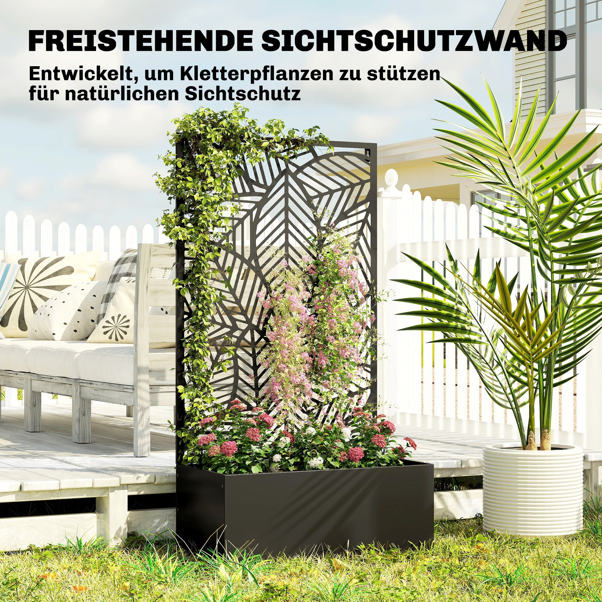 Metal Raised Planter with Trellis — Freestanding or Wall-Mount, Privacy Panel with Leaf Cutouts