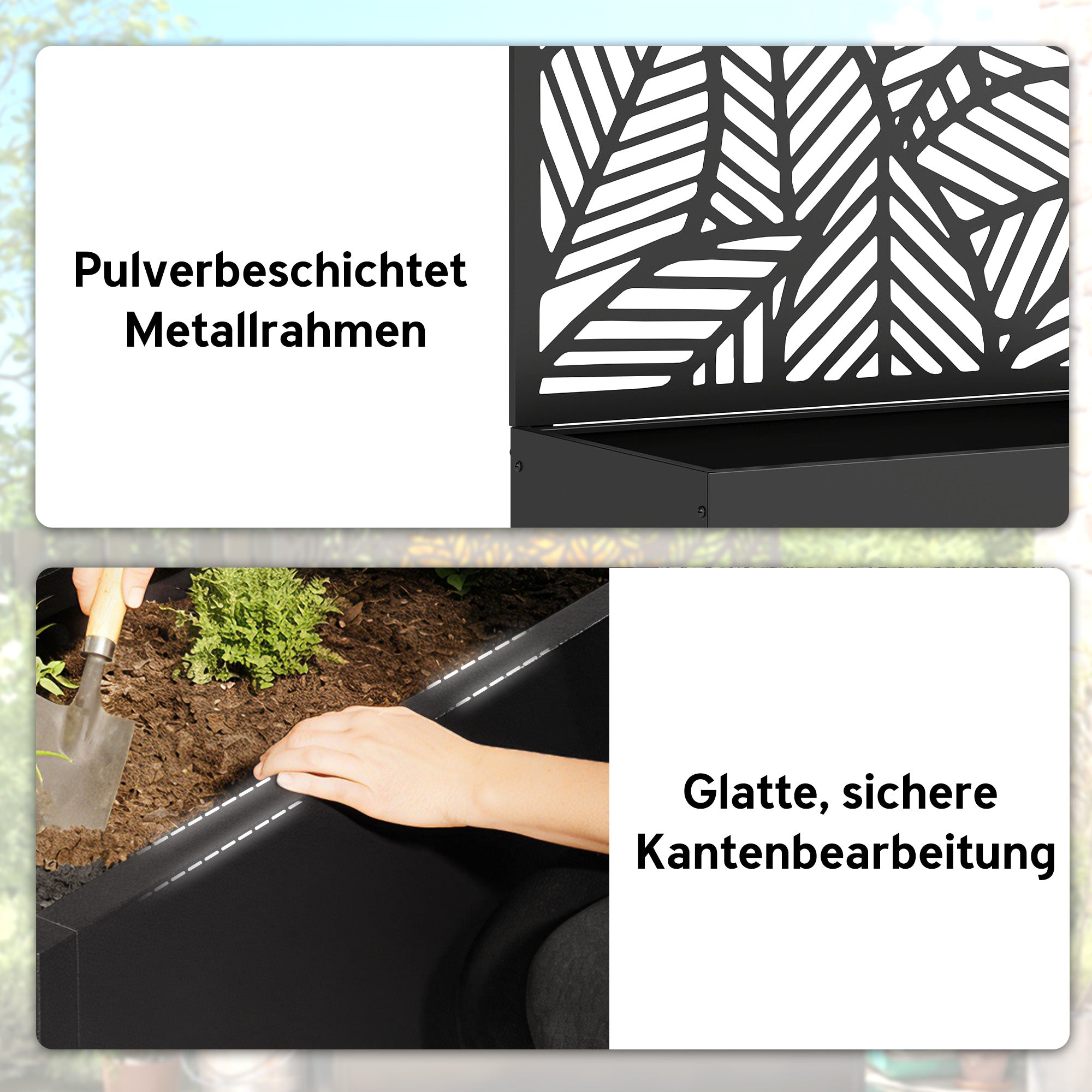 Metal Raised Planter with Trellis — Freestanding or Wall-Mount, Privacy Panel with Leaf Cutouts