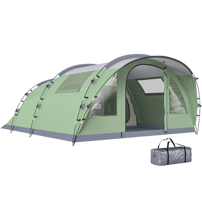 2–4 Person Tunnel Family Tent — 196 cm (6'5") High, 2 Bedrooms, 3000 mm Waterproof, Front Porch & 4 Windows — Light Green