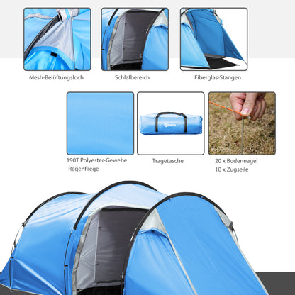 Camping Tent for 2-3 People Stable Waterproof Family Tent with Two Sleeping Cabins Vestibule with Standing Height, Dome Tent with 2000mm Water Column Tunnel Tent Camping Travel, Light Blue