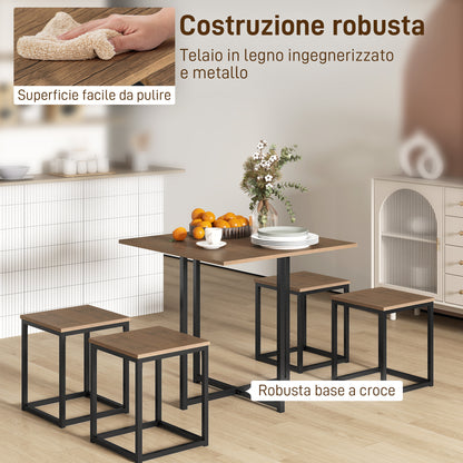 5-Piece Dining Table Set with 4 Industrial Style Stools for Kitchen, Space-Saving Furniture Set for Home or Restaurant in Wood and Metal, Black and Walnut