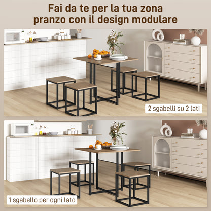 5-Piece Dining Table Set with 4 Industrial Style Stools for Kitchen, Space-Saving Furniture Set for Home or Restaurant in Wood and Metal, Black and Walnut