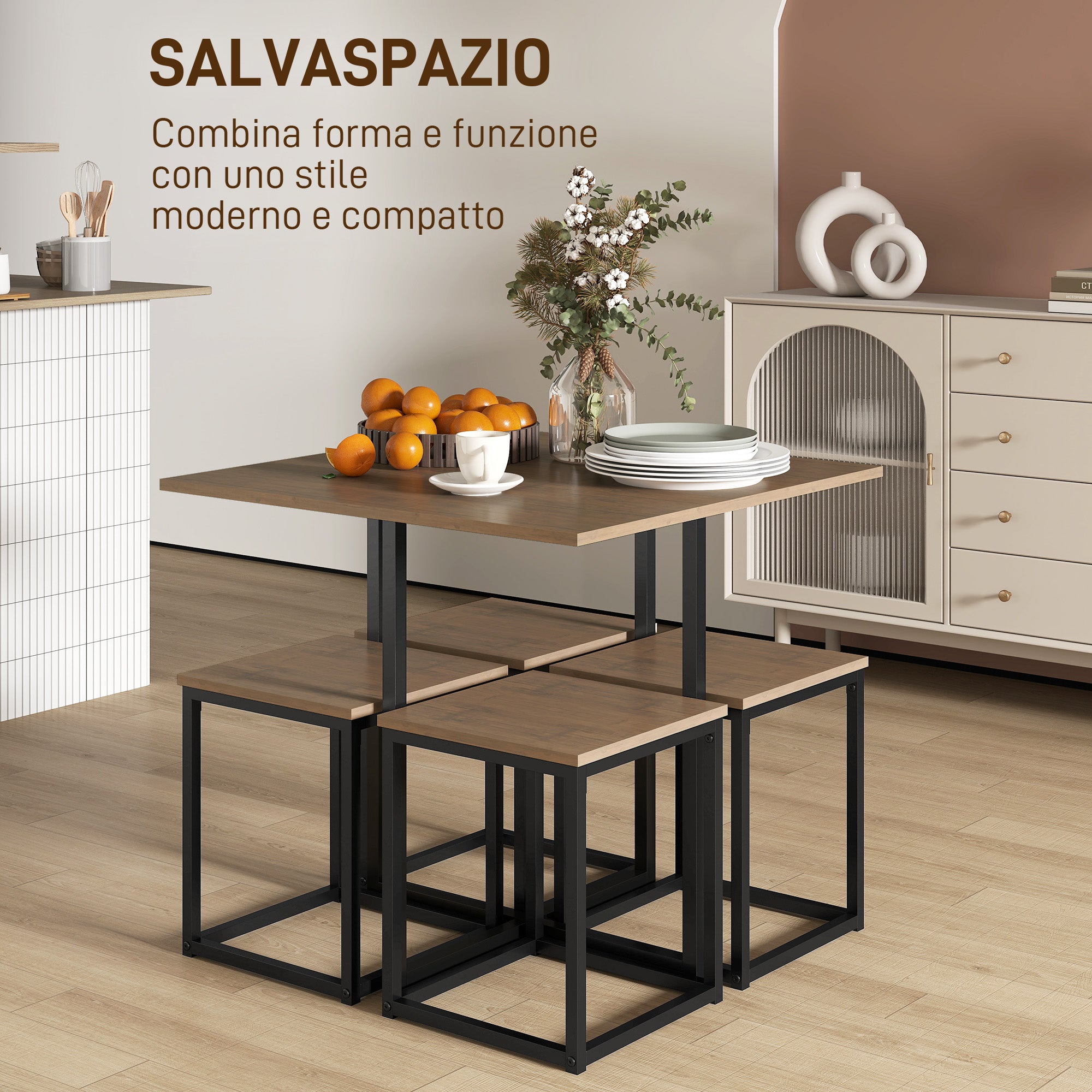 5-Piece Dining Table Set with 4 Industrial Style Stools for Kitchen, Space-Saving Furniture Set for Home or Restaurant in Wood and Metal, Black and Walnut