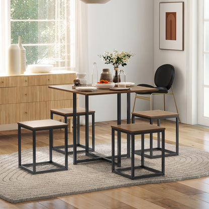 5-Piece Dining Table Set with 4 Industrial Style Stools for Kitchen, Space-Saving Furniture Set for Home or Restaurant in Wood and Metal, Black and Walnut