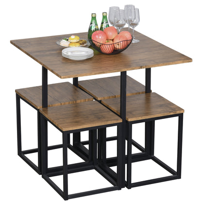 5-Piece Dining Table Set with 4 Industrial Style Stools for Kitchen, Space-Saving Furniture Set for Home or Restaurant in Wood and Metal, Black and Walnut