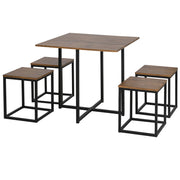 5-Piece Dining Table Set with 4 Industrial Style Stools for Kitchen, Space-Saving Furniture Set for Home or Restaurant in Wood and Metal, Black and Walnut