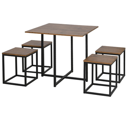 5-Piece Dining Table Set with 4 Industrial Style Stools for Kitchen, Space-Saving Furniture Set for Home or Restaurant in Wood and Metal, Black and Walnut